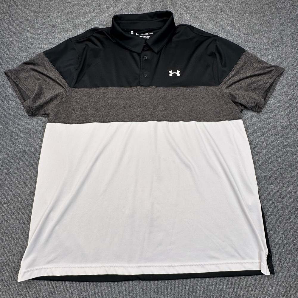 Under Armour Playoff Polo Mens XXL Black Gray White Colorblock Golf Shirt Loose - Picture 2 of 7